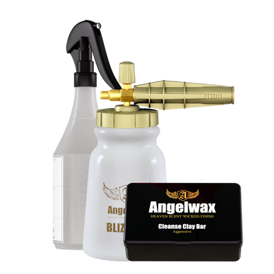 Angelwax accessories, blizzard foam gun, cleanse clay bar, spray work bottle